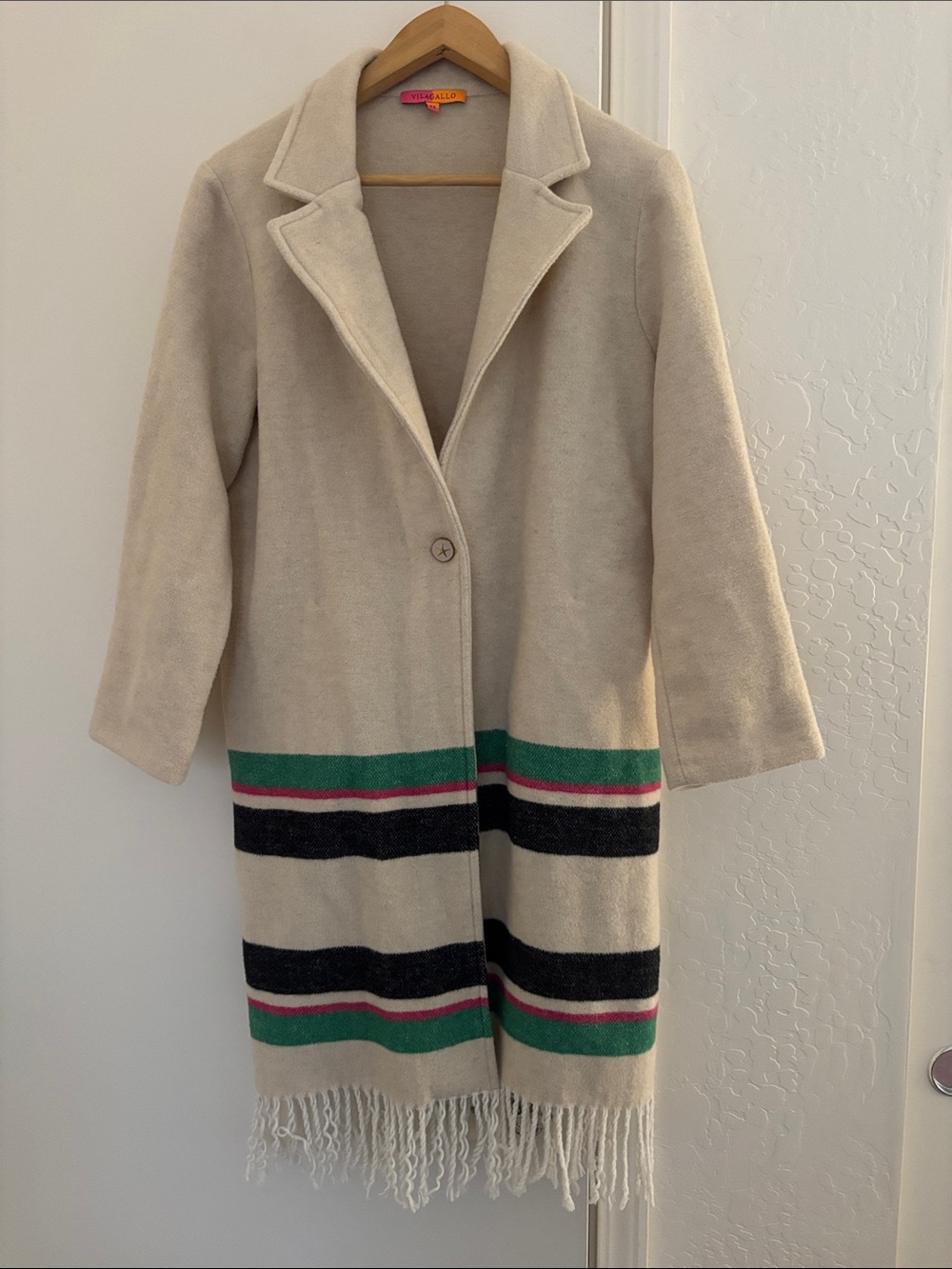 Beige Fringe Longline Sweater Coat with Green & Black Stripe